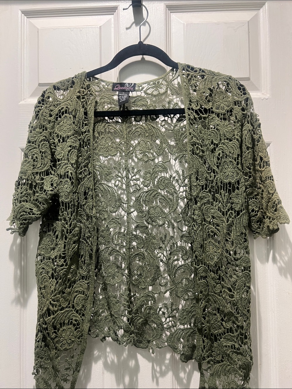 Questions Olive Green Crochet Open-Front Cardigan